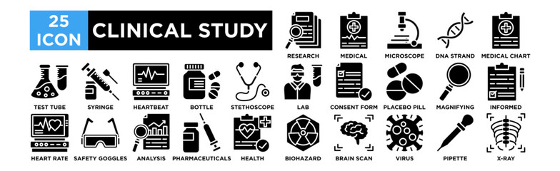 Clinical study icon collection set. Research Document, Medical Report, Microscope, DNA Strand