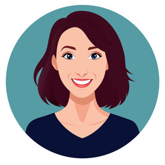 Animated Portrait of a Smiling Brunette Woman with Blue Circle Background Design