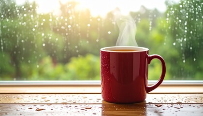 Red mug tea coffee rain window rainy day cozy drink beverage steam relaxing nature