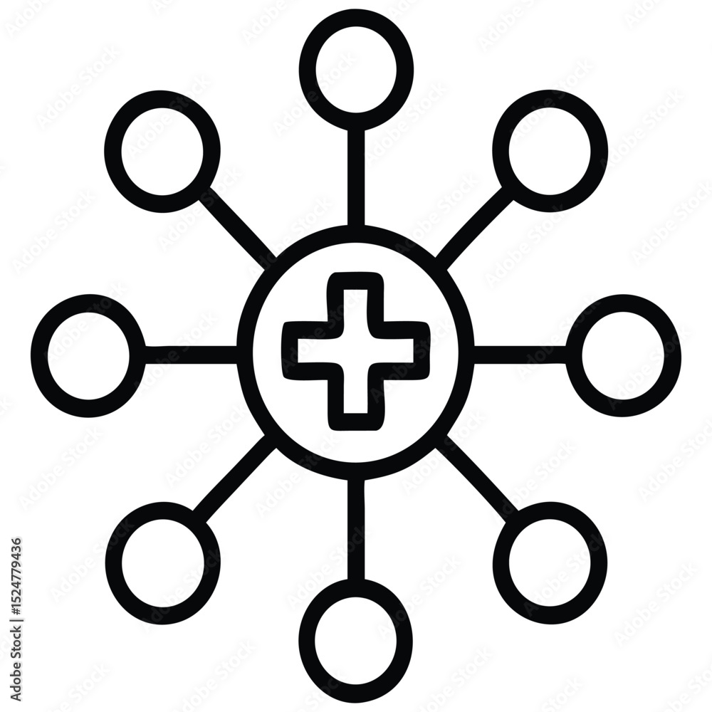 Poster connection icon with plus symbol and circle network, minimalist design