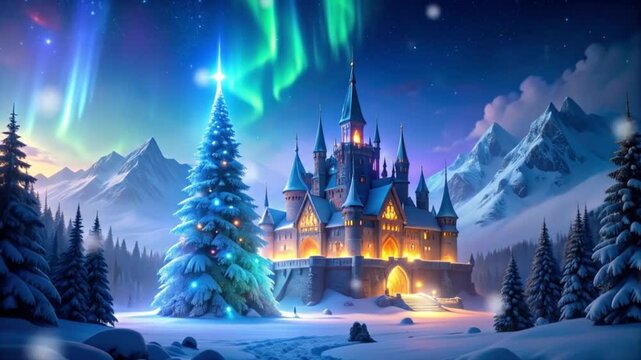 Enchanting holiday scene featuring a majestic castle adorned with twinkling lights, snow-covered landscape, and the ethereal dance of the northern lights, creating a magical atmosphere.