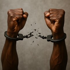 Close-up of Black hands in handcuffs, with the chain shattering into fragments, symbol of freedom and liberation