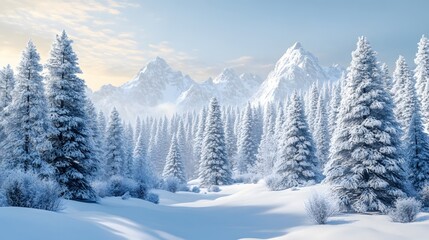 mountain pine forest blanketed in snow, scenic winter 3D render,