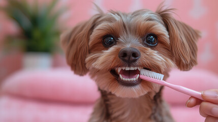 owner brushing teeth of happy dog with toothbrush on pink background