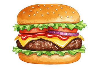 Isolated Watercolor Illustration of a Classic Hamburger