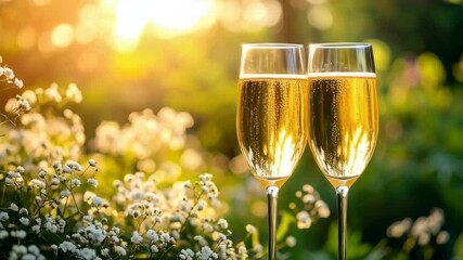Two champagne flutes stand on a table among delicate white flowers bathed in warm, sunlit glow, symbolizing celebration and new beginnings.