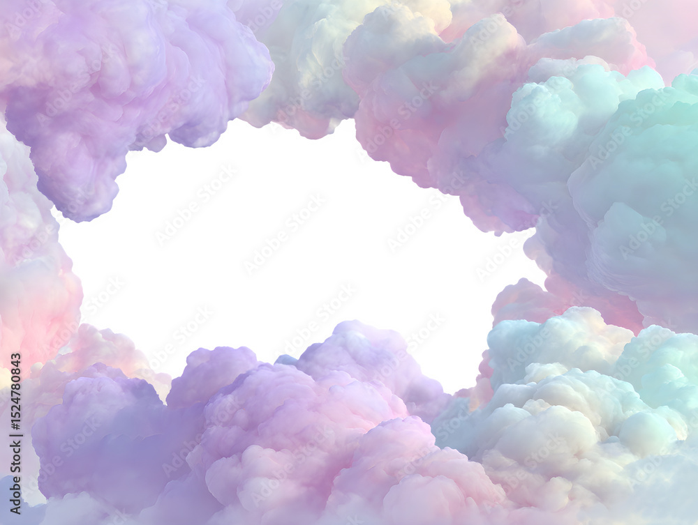 Poster pastel clouds surrounding a dark shape creating a dreamy and surreal abstract composition