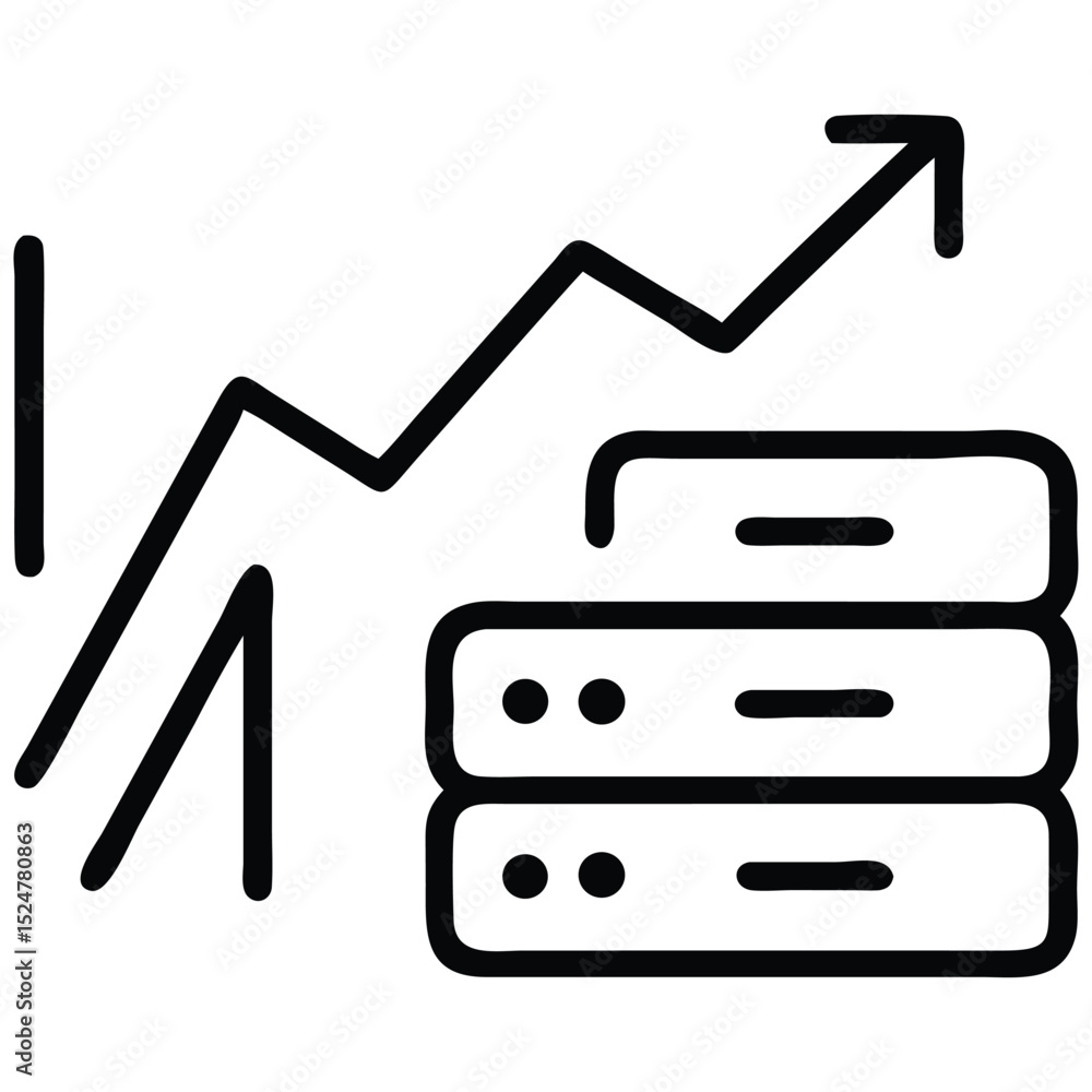 Poster data server stack with increasing trend arrow icon, line art style