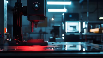 Close up shot of industrial drill press on a workbench in a dimly lit modern machine shop workshop.