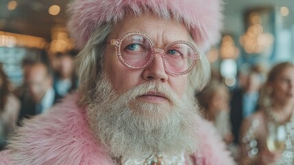Stylish elderly man with a fluffy pink hat and glasses, exuding confidence and charisma at a vibrant social event, surrounded by elegantly dressed individuals in a lively atmosphere