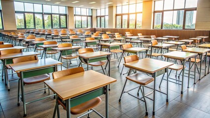 Empty Classroom With Desks And Chairs Ready For Students