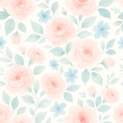 Fototapeta premium Seamless Watercolor Floral Pattern with Pastel Roses and Leaves 