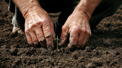 Aged hands gently planting seedling in dark soil sustainable agriculture growth concept