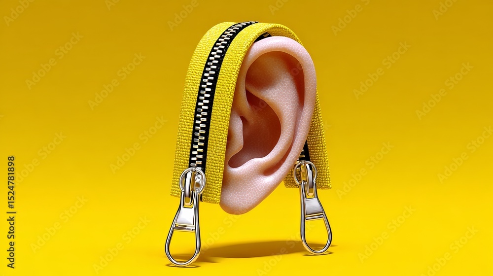 Poster creative 3d illustration of an ear made from a yellow zipper, showcasing a unique blend of design an