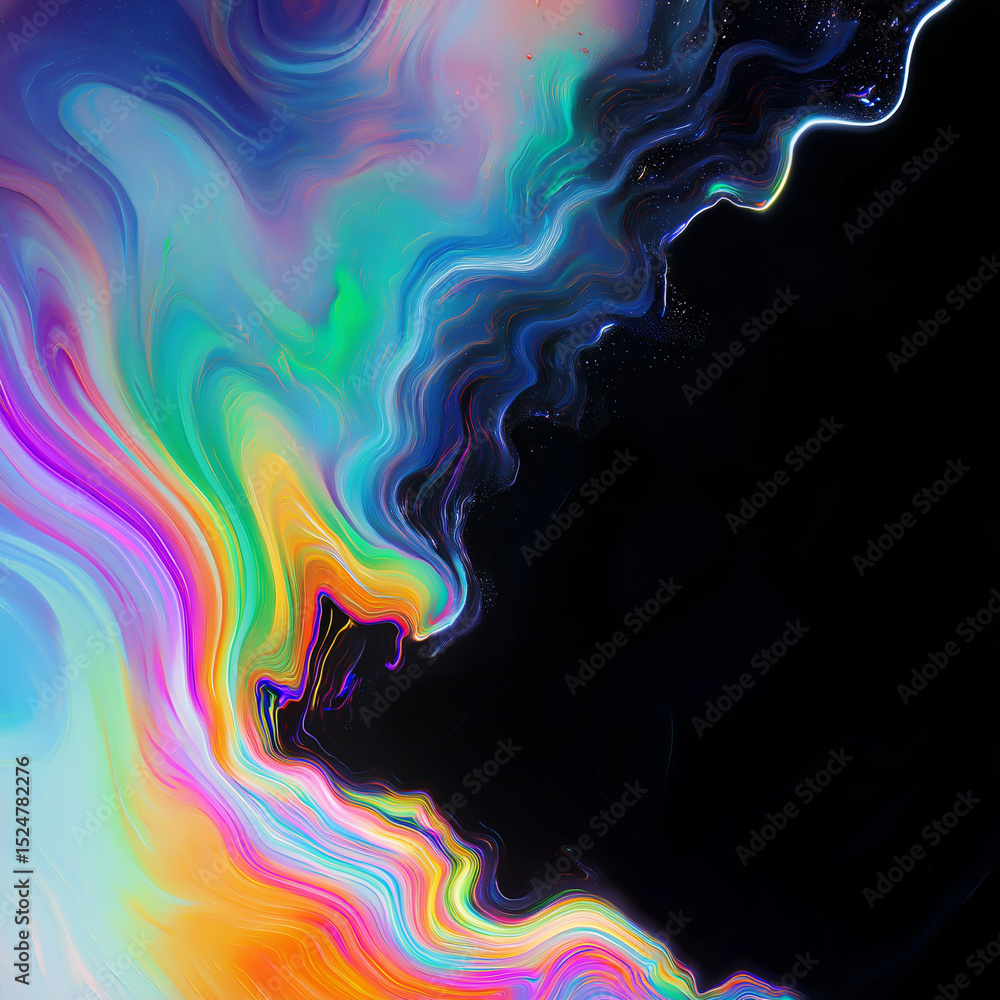 Poster abstract colorful fluid art with swirling patterns against a dark black background design style