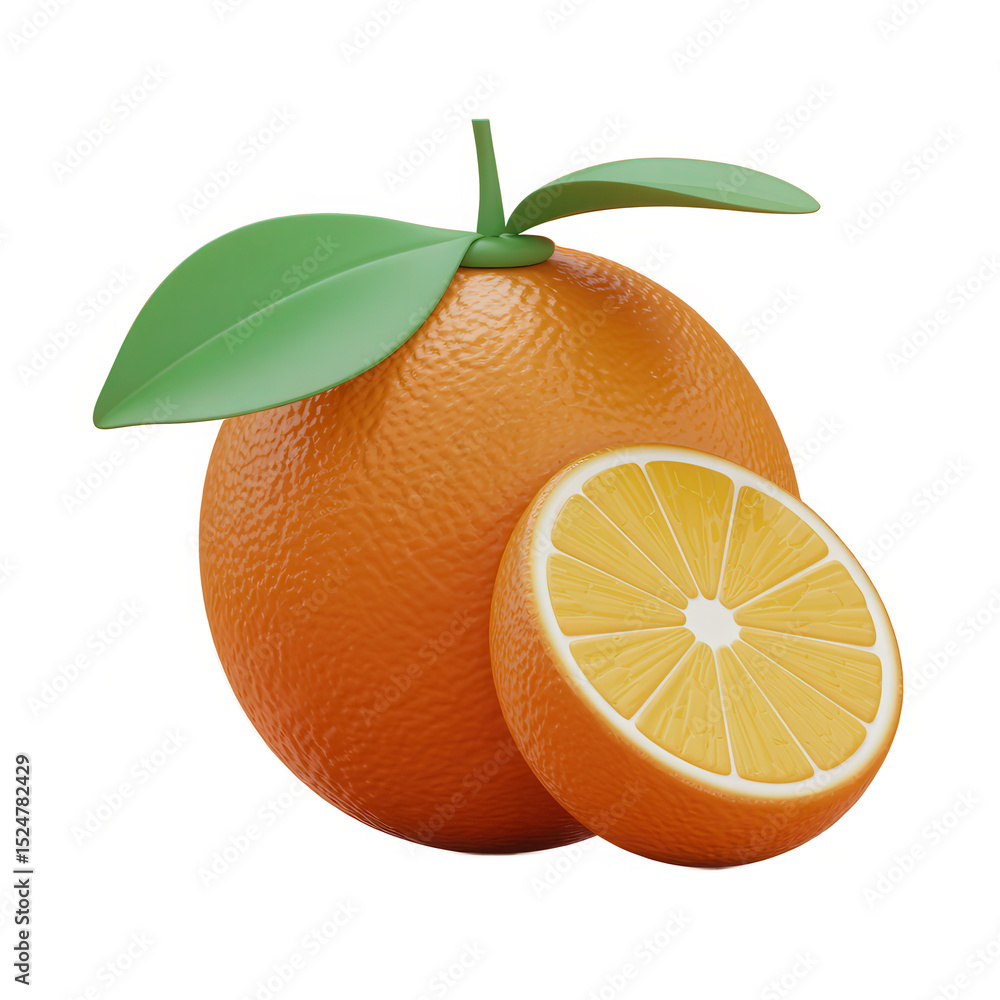 Poster realistic orange with slice and leaves isolated on transparent background