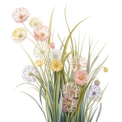 "Delicate pastel flowers with long green leaves on a white background, watercolor style."

