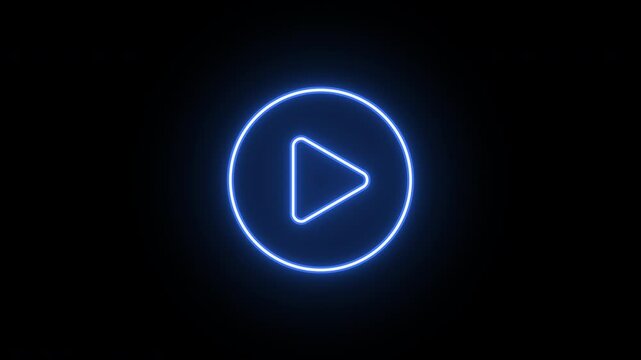 Neon play button icon, flickering emergence and fading. Glowing neon play button icon, looped animation. Multimedia player, start play media, music and video content. Violet blue azure colors