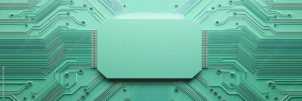Poster a green circuit board with a central microchip and intricate electronic pathways.