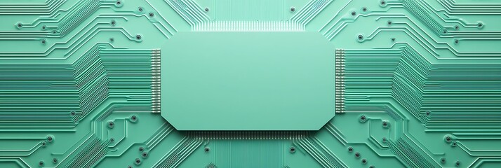 A green circuit board with a central microchip and intricate electronic pathways.