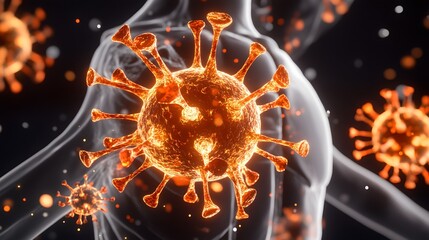 the image shows an illustration of several orange, spherical objects with projecting spikes floating inside the transparent outline of a human torso