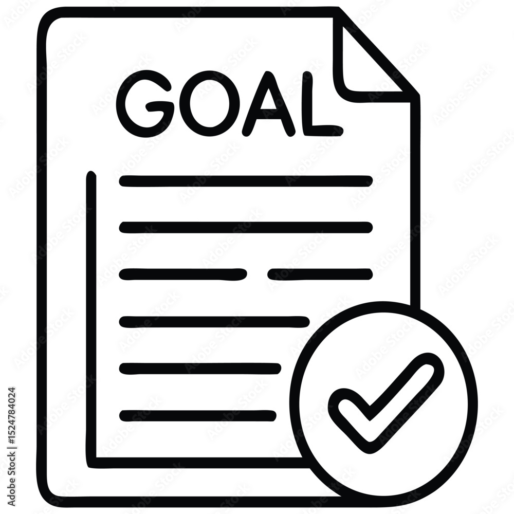 Poster document with goal and check mark achieving objectives, planning success and completion icon