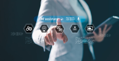 AI powered assistance. user interacting with virtual AI assistant interface on mobile, laptop, tablet icons for voice, text, image, video generation, representing smart technology, productivity tools