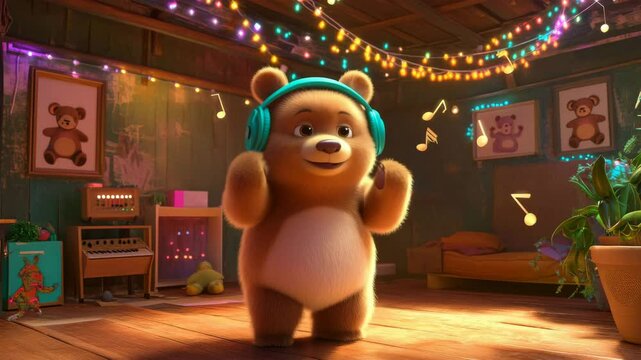 Dancing Bear with Headphones Enjoying Music