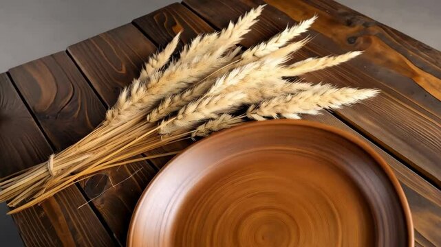 Studio shot displays empty earthenware plate on dark wooden surface next to bundle of wheat spikes for rustic aesthetic