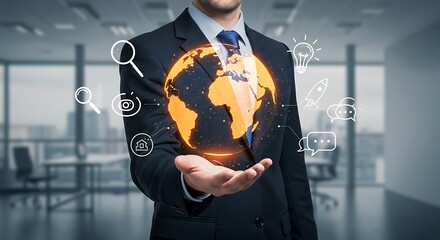 Businessman displaying a glowing digital earth with global business and communication icons
