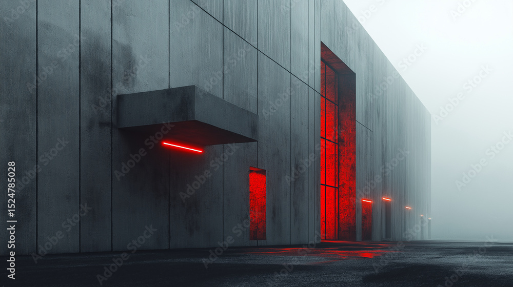 Poster concrete building with red lights in a foggy environment creating a futuristic atmosphere view