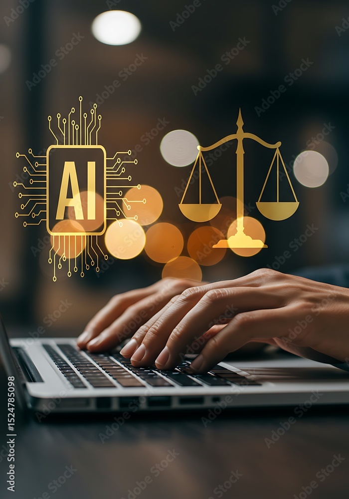 Poster artificial intelligence technology and law concept depicted with scales and computer keyboard