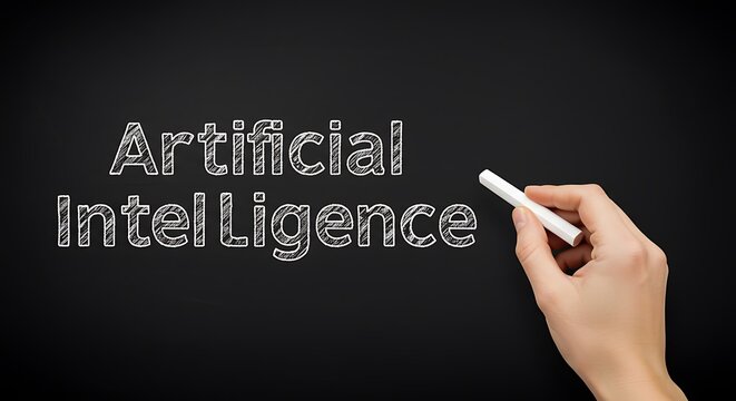 Artificial intelligence concept written on a chalkboard with a hand holding chalk