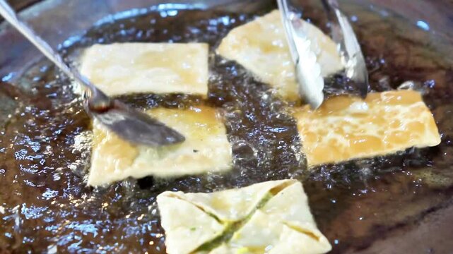 Martabak Telur. Savory pan-fried pastry stuffed with egg, meat and spices