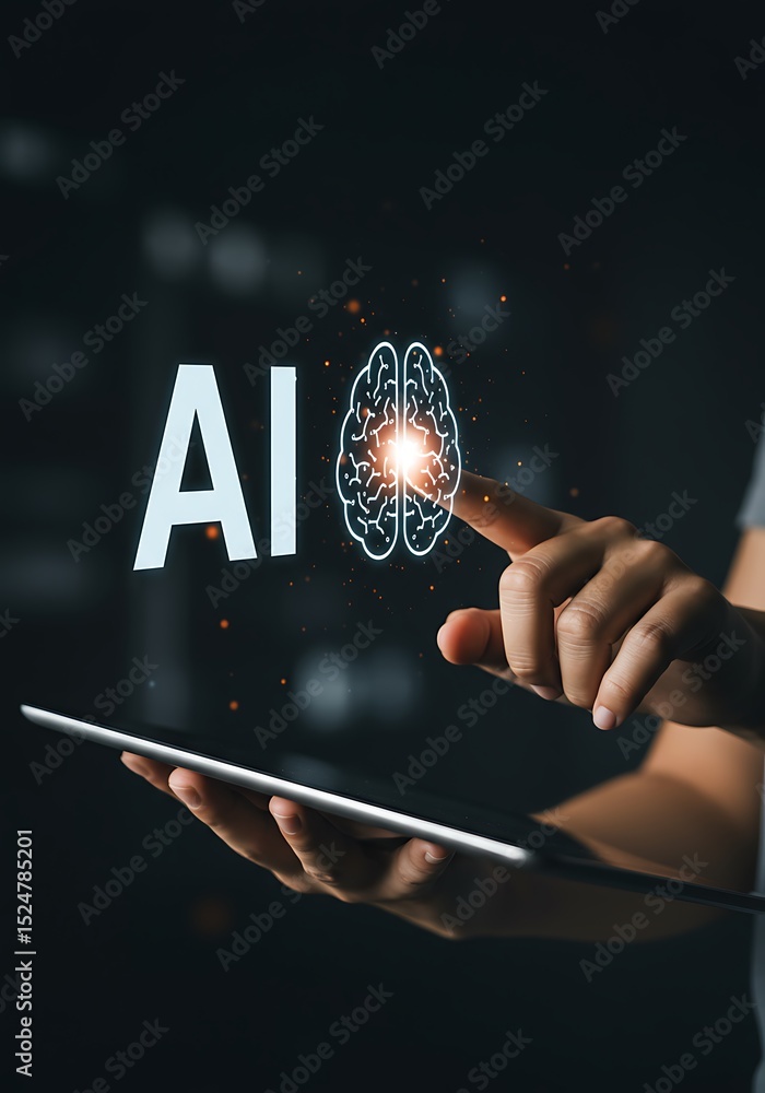 Poster artificial intelligence brain concept touching screen connected to technology and innovation