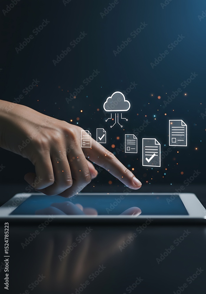 Aufkleber a hand interacting with a tablet showing cloud data storage and document icons.