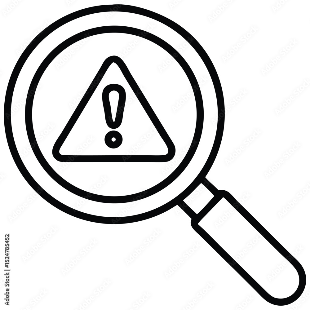 Poster exclamation mark in triangle under magnifying glass icon for analysis and caution