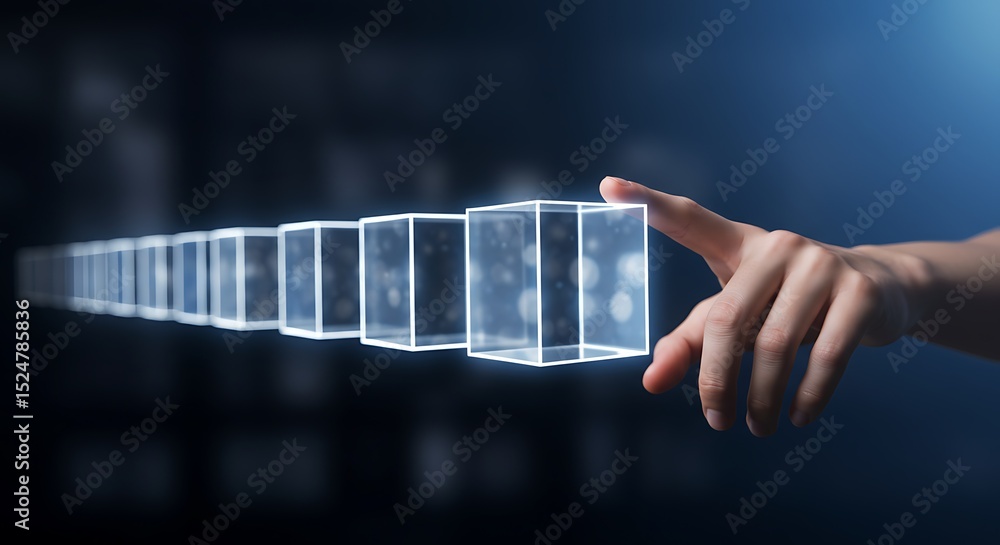 Poster hand touching glowing cubes representing digital technology and modern innovation in dark setting