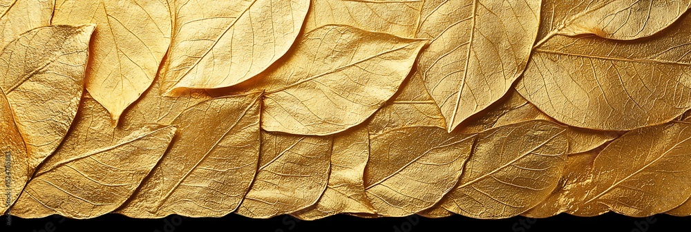 Poster golden leaves arranged in a layered pattern, creating a luxurious and textured metallic background.