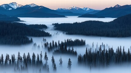 Fototapeta premium Breathtaking Aerial Panoramic Serene Golden Sunrise Landscape Concept. Serene Mountain Landscape with Misty Forest and Tranquil Water at Dawn