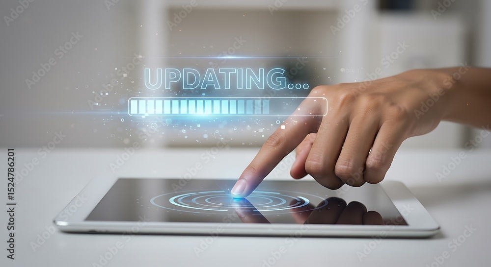 Poster finger touching tablet screen with updating progress bar illustrating technology updates