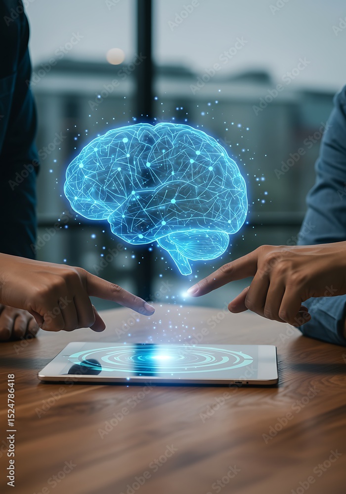 Poster digital brain illustration interacting with tablet surface representing artificial intelligence and 