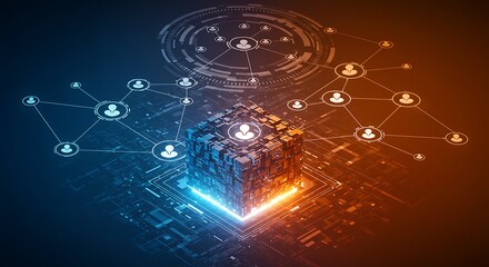 Obraz premium Digital connection network represented by futuristic structure with social network icons