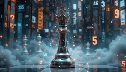 Digital Chess Game Strategy Concept King Piece in Futuristic Cityscape
