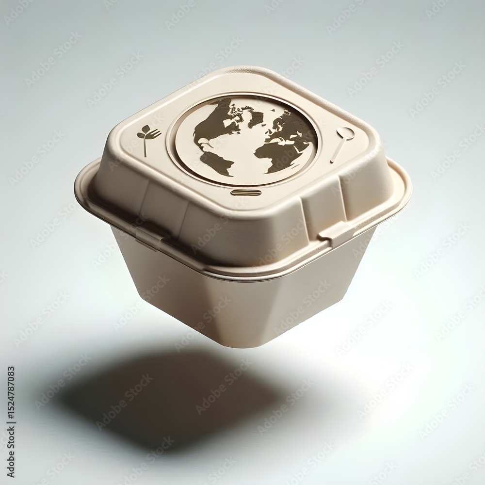 Poster eco-friendly takeout box with recycled texture floating in air with soft shadow on neutral gray back
