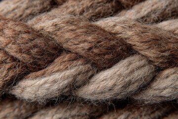 Twisted strands of fiber form a dense, tactile surface ideal for handmade aesthetics, knitting content, or textile design themes with a natural, warm appeal.

