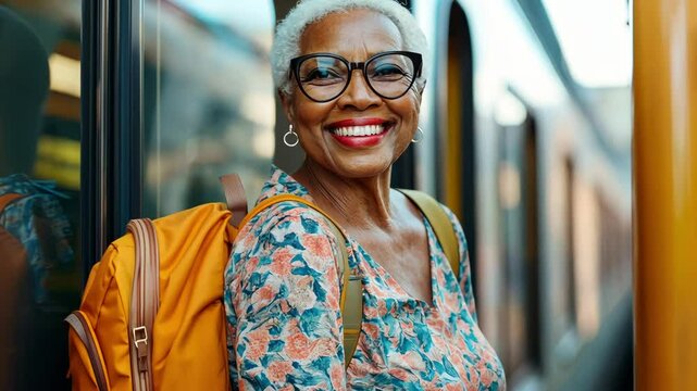 Portrait of a happy senior tourist woman with backpack smiling at the train station