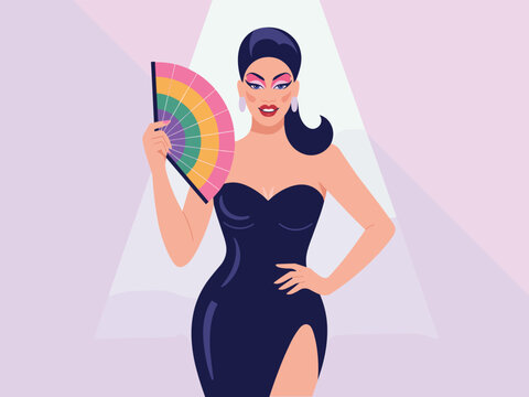 Elegant Drag Queen in Black Dress with Rainbow Hand Fan Vector Illustration