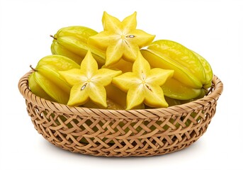 Fresh Star Fruit in a Woven Basket on a White Background
