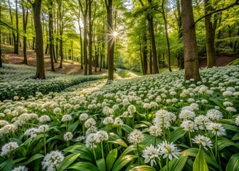 Sunlight Filters Through Forest on a Field of Wild Garlic Flowers
